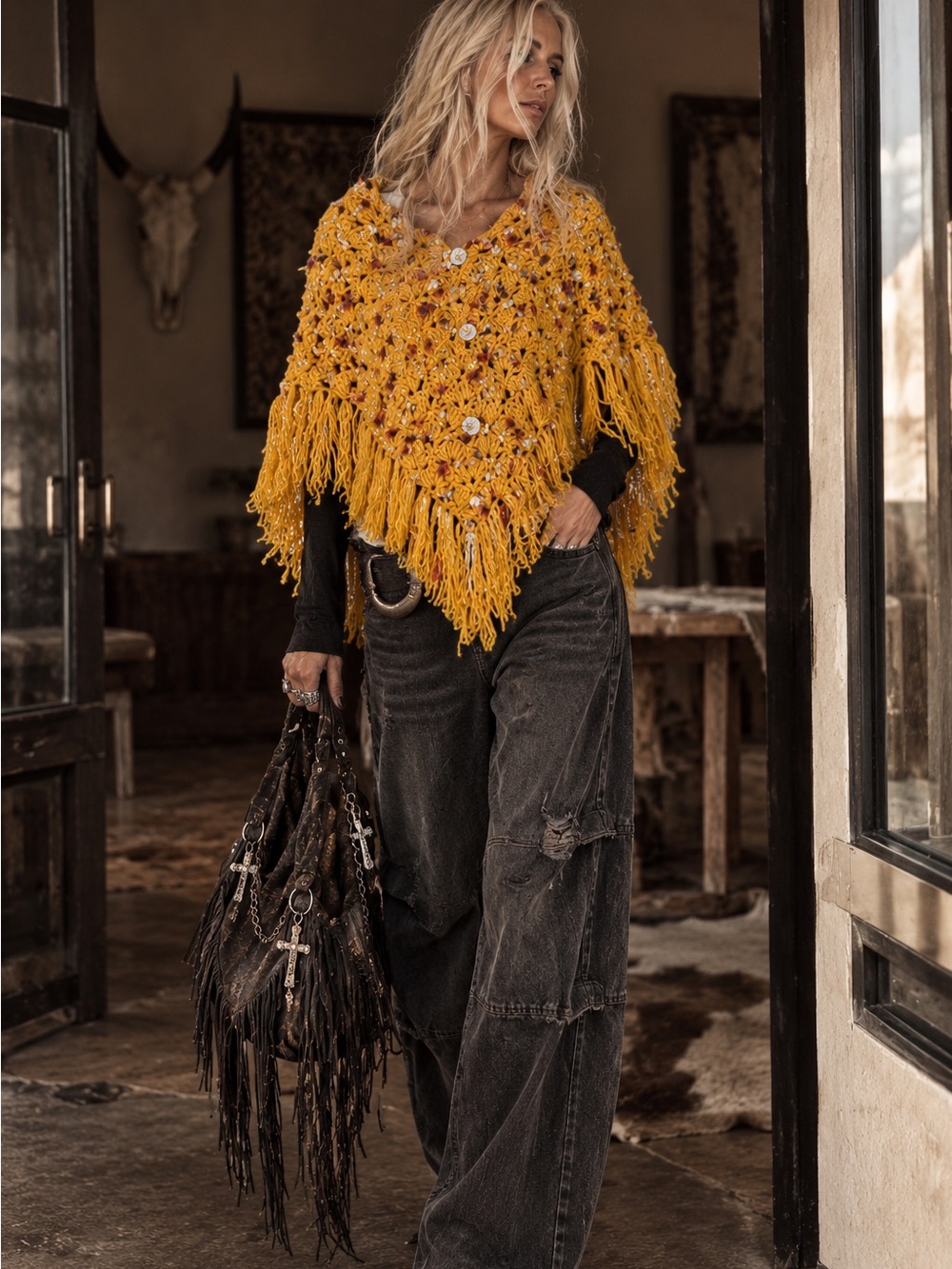 Mustard Yellow Hand Crochet Poncho Cape Fringe Boho Vintage Style One Size